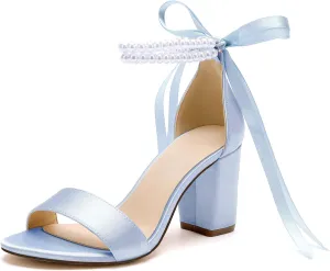 Women's Open Toe Pearl Wedding Shoes for Bride High Heels Sandals Satin Bridal Block Chunky Heels Ankle Strap Prom Evening Party Pumps