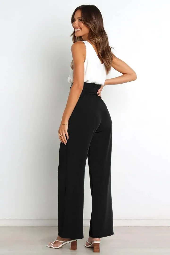 Women's Pants Casual High Waist Straight Wide Leg Pants for Women Adjustable Tie Knot Loose Trousers with Pockets