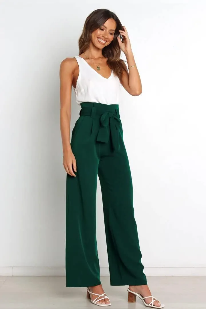 Women's Pants Casual High Waist Straight Wide Leg Pants for Women Adjustable Tie Knot Loose Trousers with Pockets