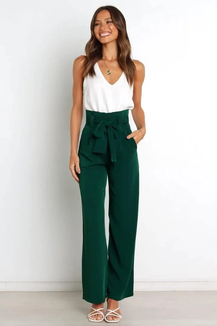 Women's Pants Casual High Waist Straight Wide Leg Pants for Women Adjustable Tie Knot Loose Trousers with Pockets