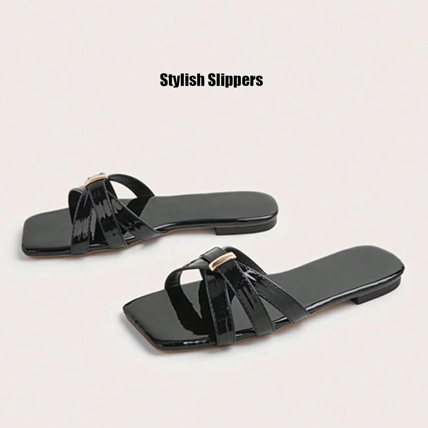 Women's Patent Leather Cross Strap Flats Backless Slippers Sandals Vogue Low Heel Open Square Toe Slingback Slip-on Mule Slides For Summer Leisure Daily