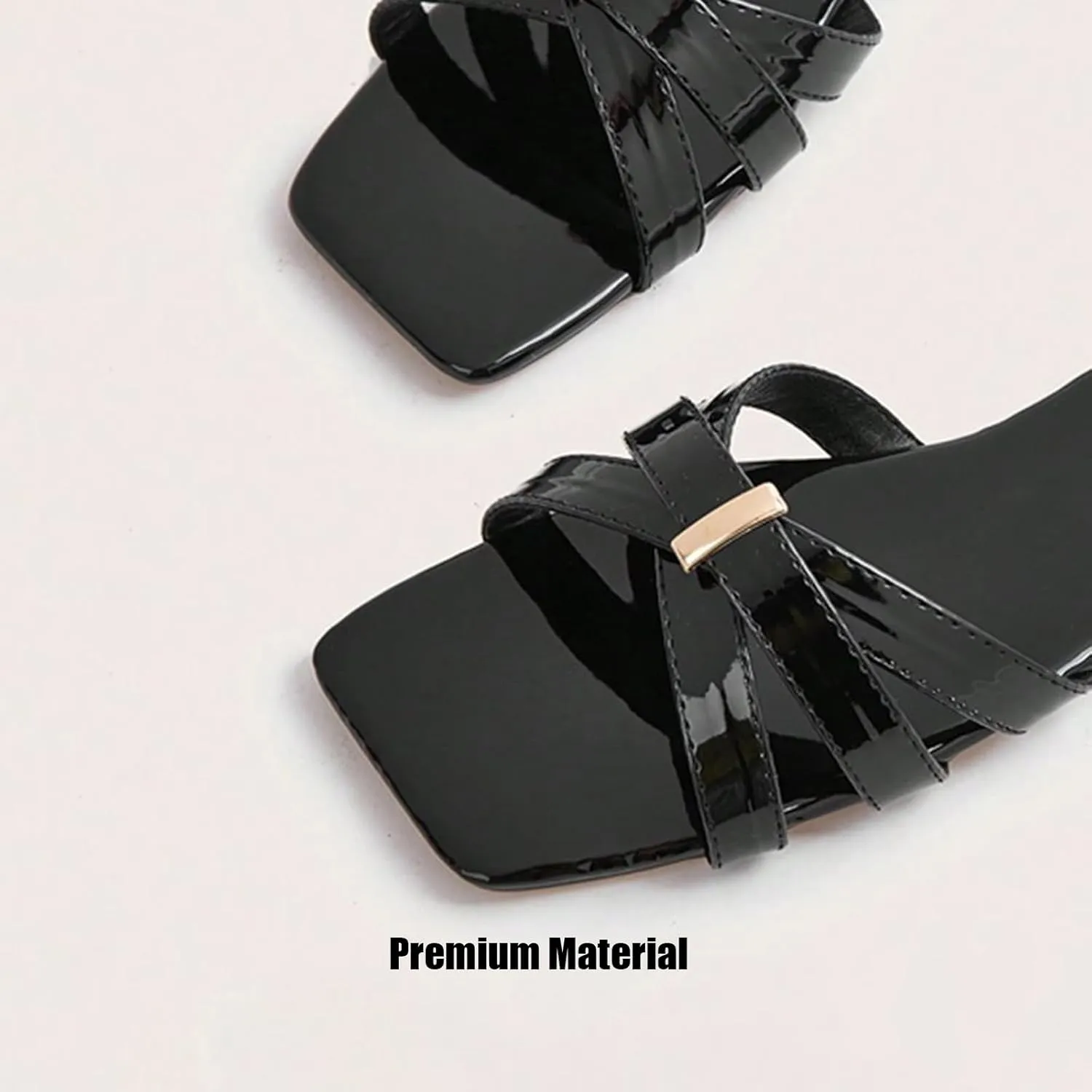 Women's Patent Leather Cross Strap Flats Backless Slippers Sandals Vogue Low Heel Open Square Toe Slingback Slip-on Mule Slides For Summer Leisure Daily