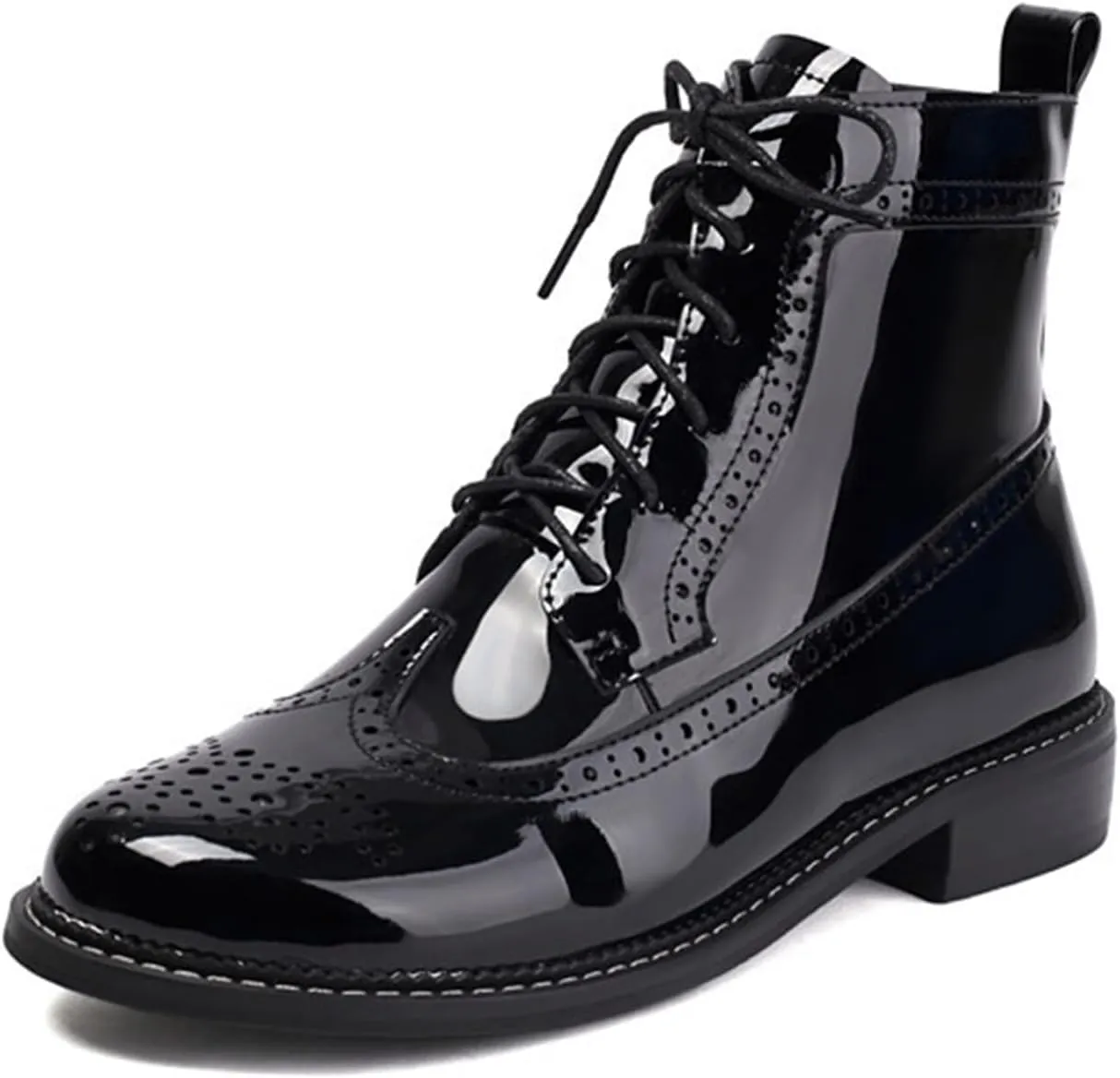 Women's Patent Leather Low Heel Wingtip Ankle Boots with Side Zipper Comfort Breathable Brogue Boots Fashion Outdoor Lace Up Combat Boots