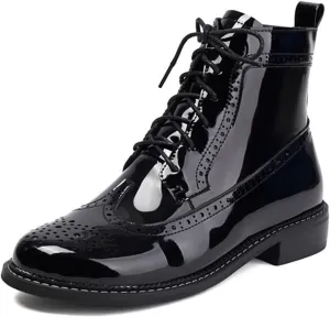 Women's Patent Leather Low Heel Wingtip Ankle Boots with Side Zipper Comfort Breathable Brogue Boots Fashion Outdoor Lace Up Combat Boots