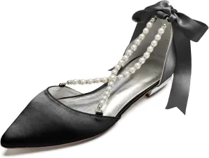 Women's Pearl Satin Wedding Shoes for Bride Flats Comfortable Closed Toe Bridal Shoes Satin Prom Party Dress Pumps with Bow
