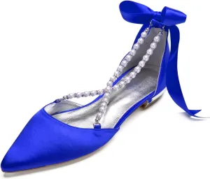 Women's Pearl Satin Wedding Shoes for Bride Flats Comfortable Closed Toe Bridal Shoes Satin Prom Party Dress Pumps with Bow