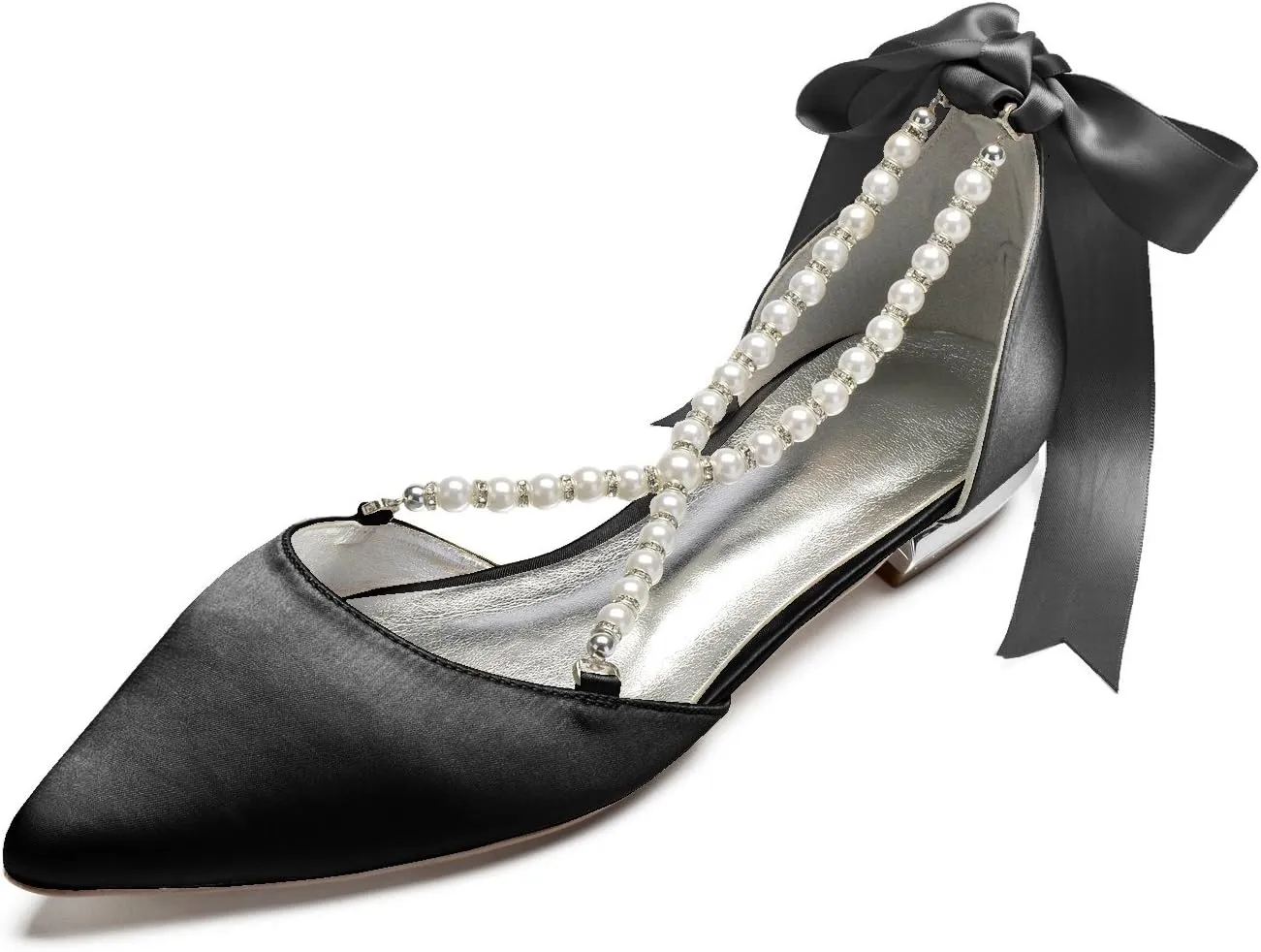 Women's Pearl Satin Wedding Shoes for Bride Flats Comfortable Closed Toe Bridal Shoes Satin Prom Party Dress Pumps with Bow