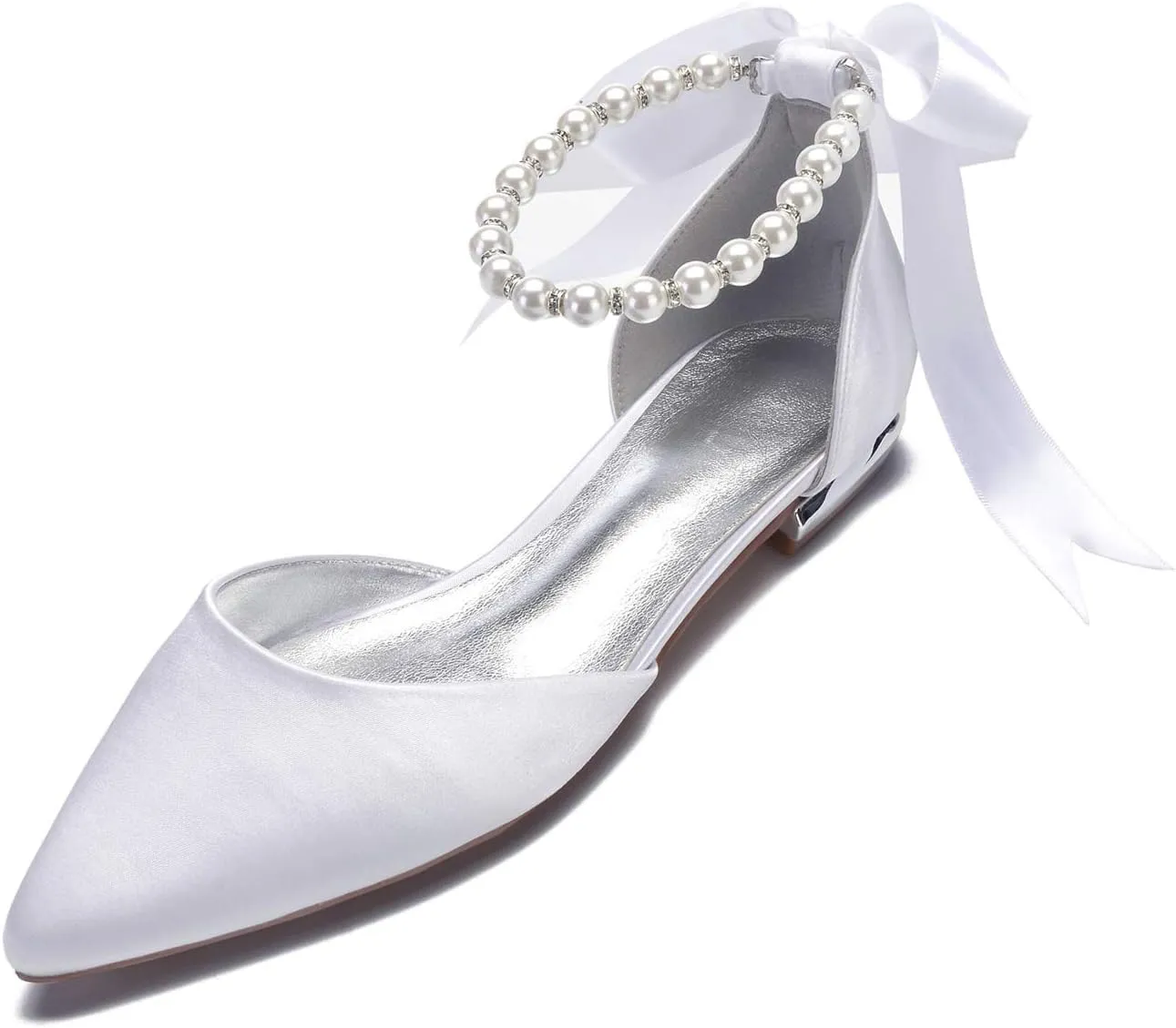 Women's Pearl Satin Wedding Shoes for Bride Flats Pointed Toe Comfortable Bridal Shoes Formal Prom Party Dress Pumps Sandals with Ankle Strap