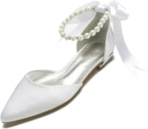 Women's Pearl Satin Wedding Shoes for Bride Flats Pointed Toe Comfortable Bridal Shoes Formal Prom Party Dress Pumps Sandals with Ankle Strap