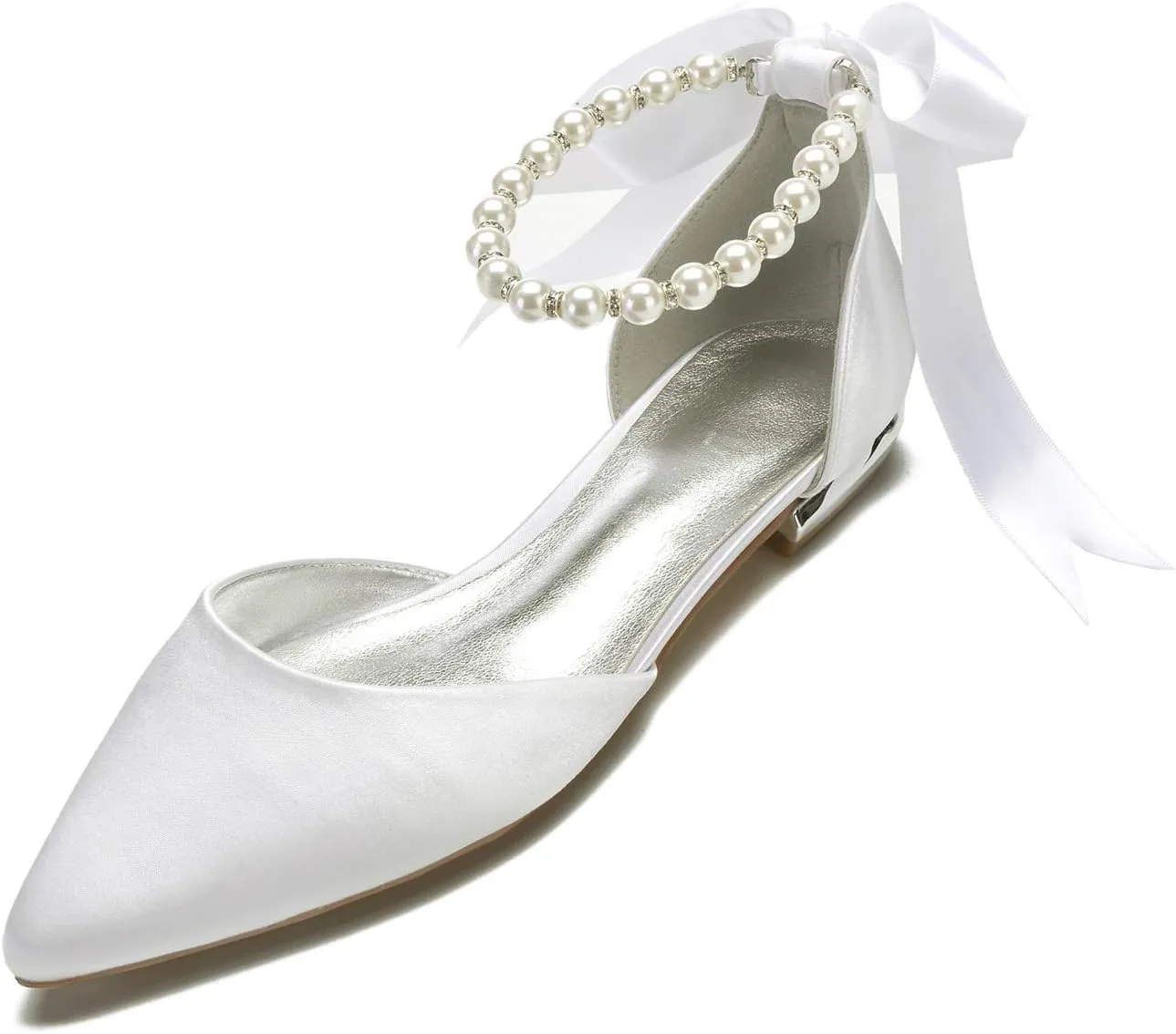 Women's Pearl Satin Wedding Shoes for Bride Flats Pointed Toe Comfortable Bridal Shoes Formal Prom Party Dress Pumps Sandals with Ankle Strap