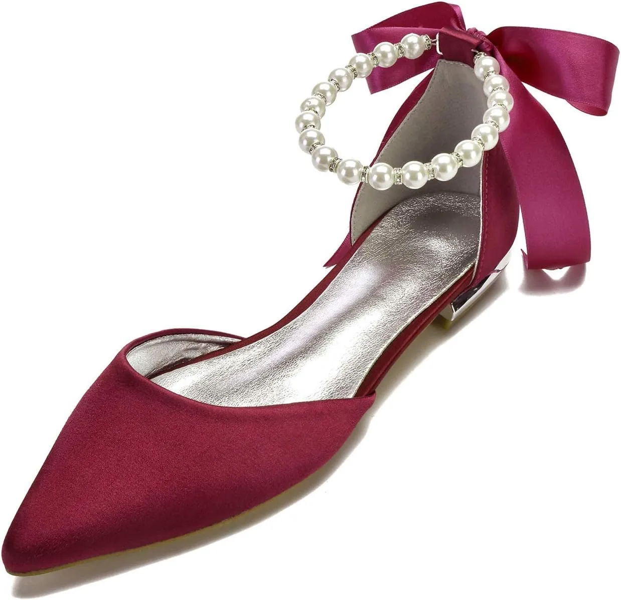 Women's Pearl Satin Wedding Shoes for Bride Flats Pointed Toe Comfortable Bridal Shoes Formal Prom Party Dress Pumps Sandals with Ankle Strap