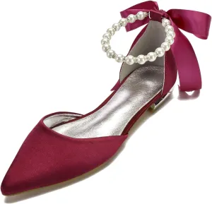 Women's Pearl Satin Wedding Shoes for Bride Flats Pointed Toe Comfortable Bridal Shoes Formal Prom Party Dress Pumps Sandals with Ankle Strap