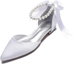 Women's Pearl Satin Wedding Shoes for Bride Flats Pointed Toe Comfortable Bridal Shoes Formal Prom Party Dress Pumps Sandals with Ankle Strap