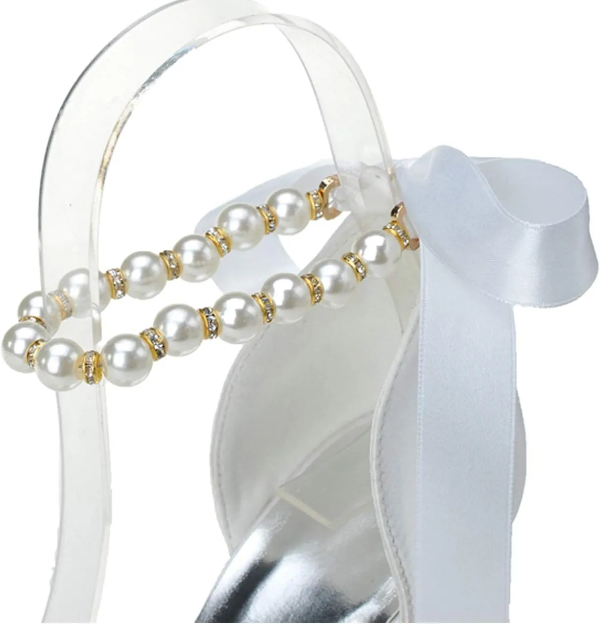 Women's Pearl White Wedding Shoes for Bride High Heels Platform Open Toe Bridal Satin Shoes Prom Party Dress Pumps Sandals