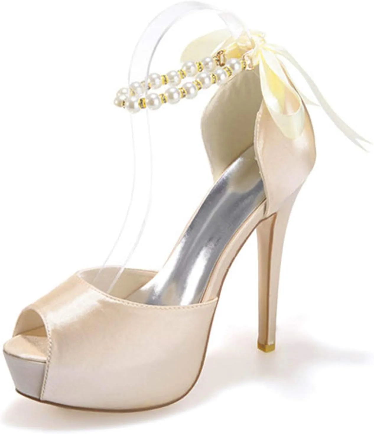 Women's Pearl White Wedding Shoes for Bride High Heels Platform Open Toe Bridal Satin Shoes Prom Party Dress Pumps Sandals