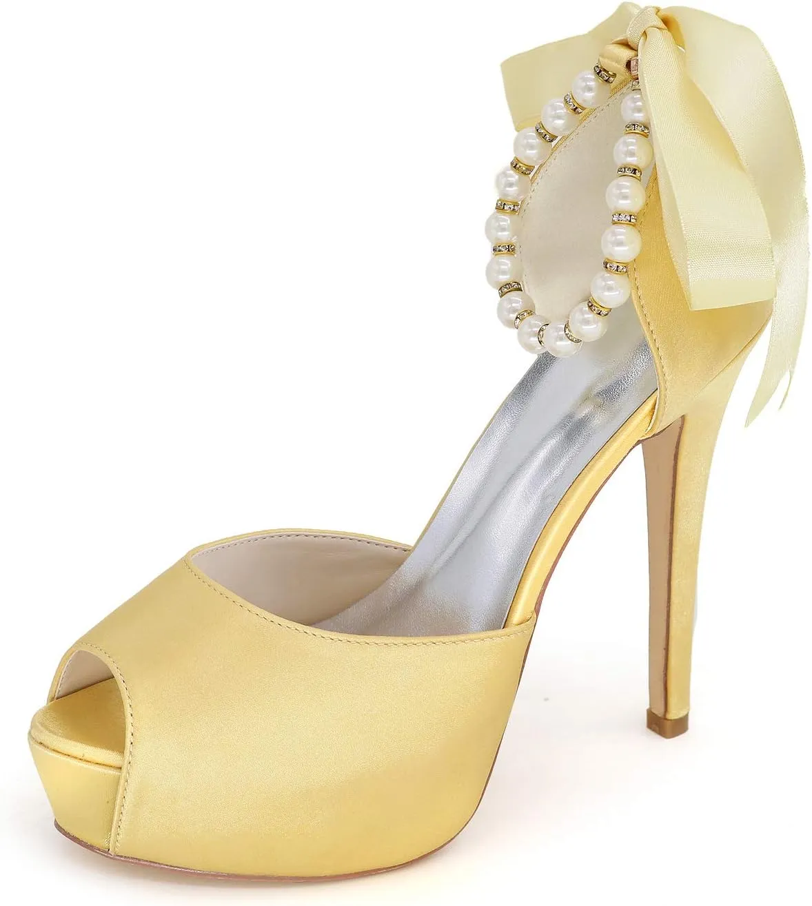 Women's Pearl White Wedding Shoes for Bride High Heels Platform Open Toe Bridal Satin Shoes Prom Party Dress Pumps Sandals