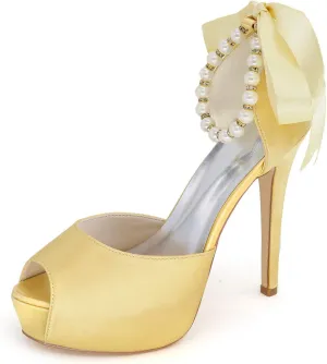 Women's Pearl White Wedding Shoes for Bride High Heels Platform Open Toe Bridal Satin Shoes Prom Party Dress Pumps Sandals