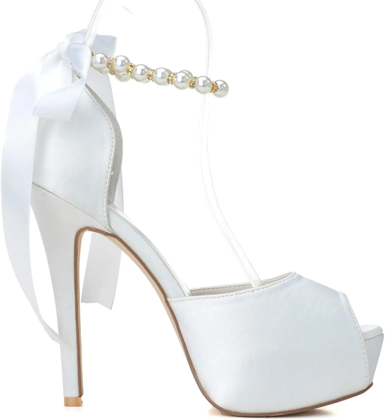 Women's Pearl White Wedding Shoes for Bride High Heels Platform Open Toe Bridal Satin Shoes Prom Party Dress Pumps Sandals