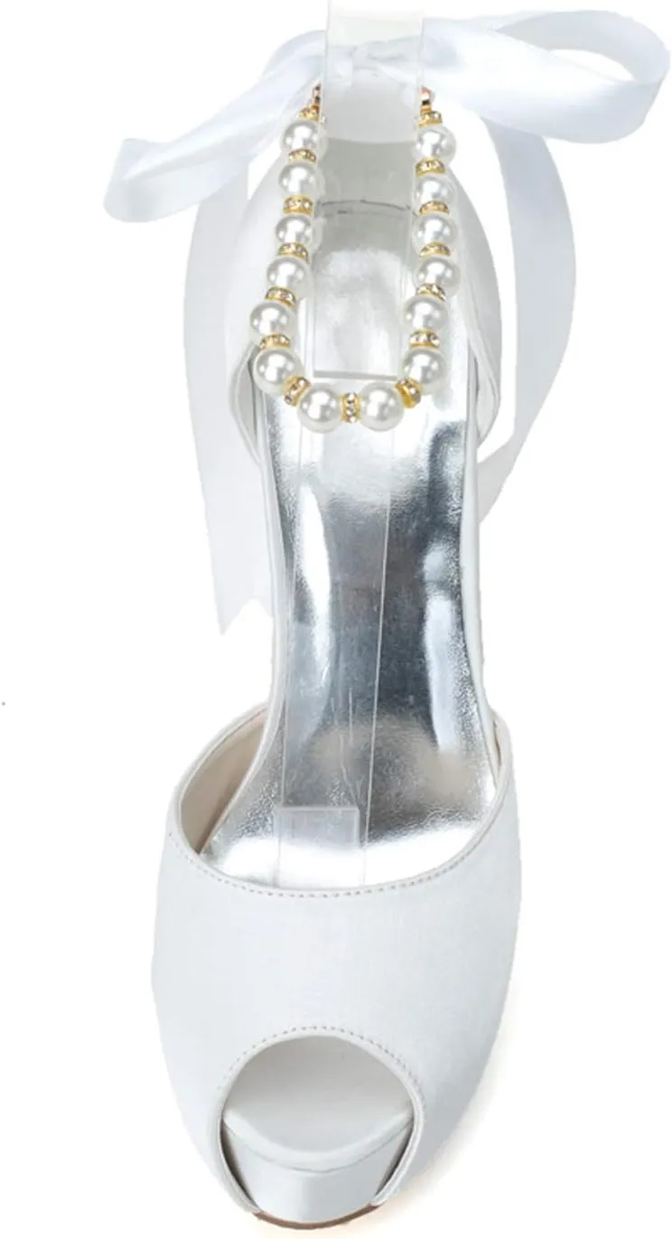 Women's Pearl White Wedding Shoes for Bride High Heels Platform Open Toe Bridal Satin Shoes Prom Party Dress Pumps Sandals