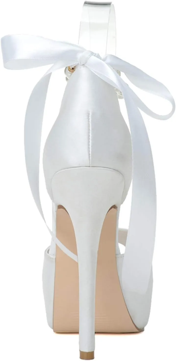Women's Pearl White Wedding Shoes for Bride High Heels Platform Open Toe Bridal Satin Shoes Prom Party Dress Pumps Sandals