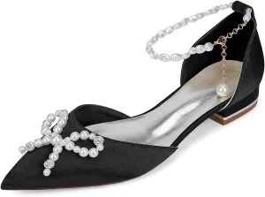 Women's Pearls Ankle Strap Wedding Bridal Shoes Satin Low Heels Ballet Flats Closed Pointed Toe Evening Party Dress Sandles