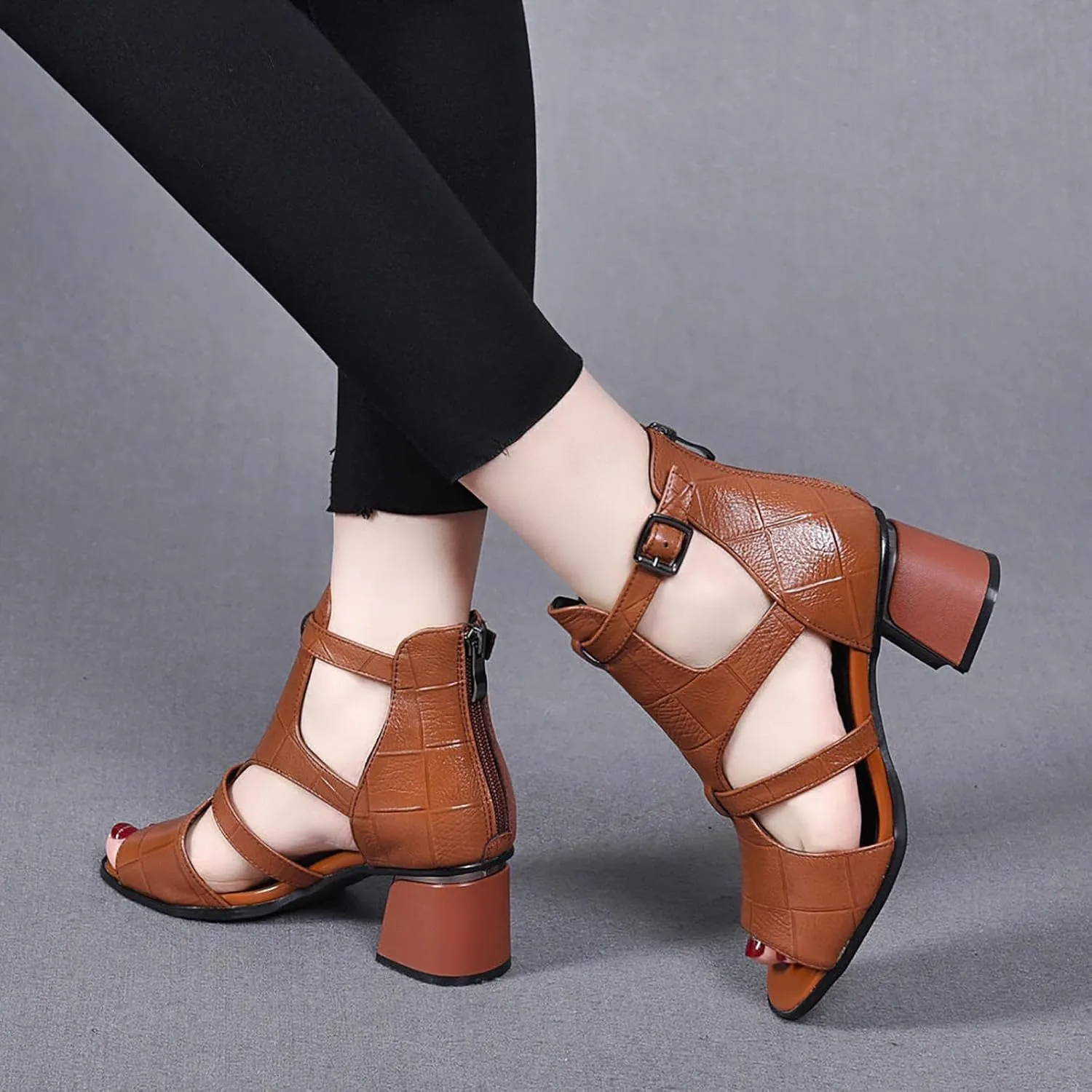 Women's Peep Toe Chunky Heel High Top Sandals Summer Side Cutout Back Ankle Strap Buckle Zipper Booties Sexy Open Toe Outdoor Ladies Wedding Roman Sandals heeled sandals