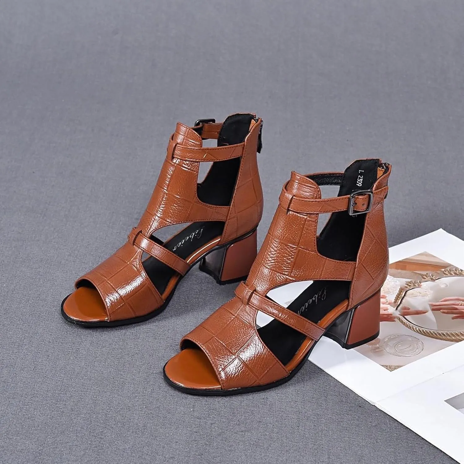 Women's Peep Toe Chunky Heel High Top Sandals Summer Side Cutout Back Ankle Strap Buckle Zipper Booties Sexy Open Toe Outdoor Ladies Wedding Roman Sandals heeled sandals