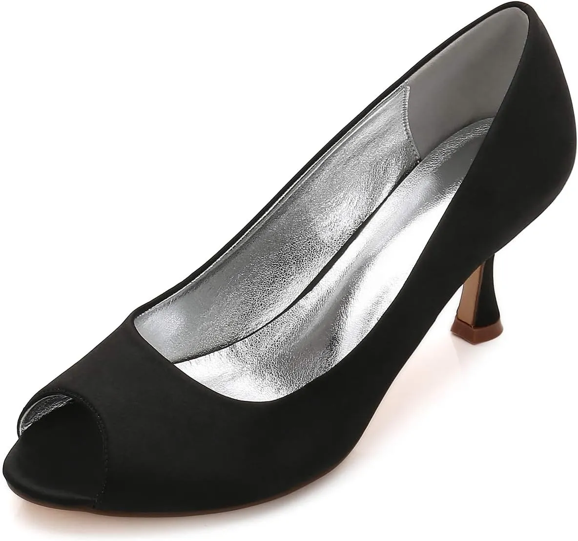 Women's Peep Toe High Heels Ladies Kitten Mid Heel Smart Slip on Satin Wedding Bridal Shoes,Black,8