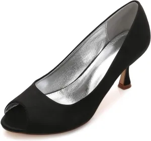 Women's Peep Toe High Heels Ladies Kitten Mid Heel Smart Slip on Satin Wedding Bridal Shoes,Black,8