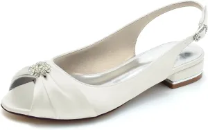 Women's Peep Toe Saitn Wedding Shoes for Bride Flats Comfortable Rhinestones Bridal Flats Evening Prom Party Dress Shoes Pumps