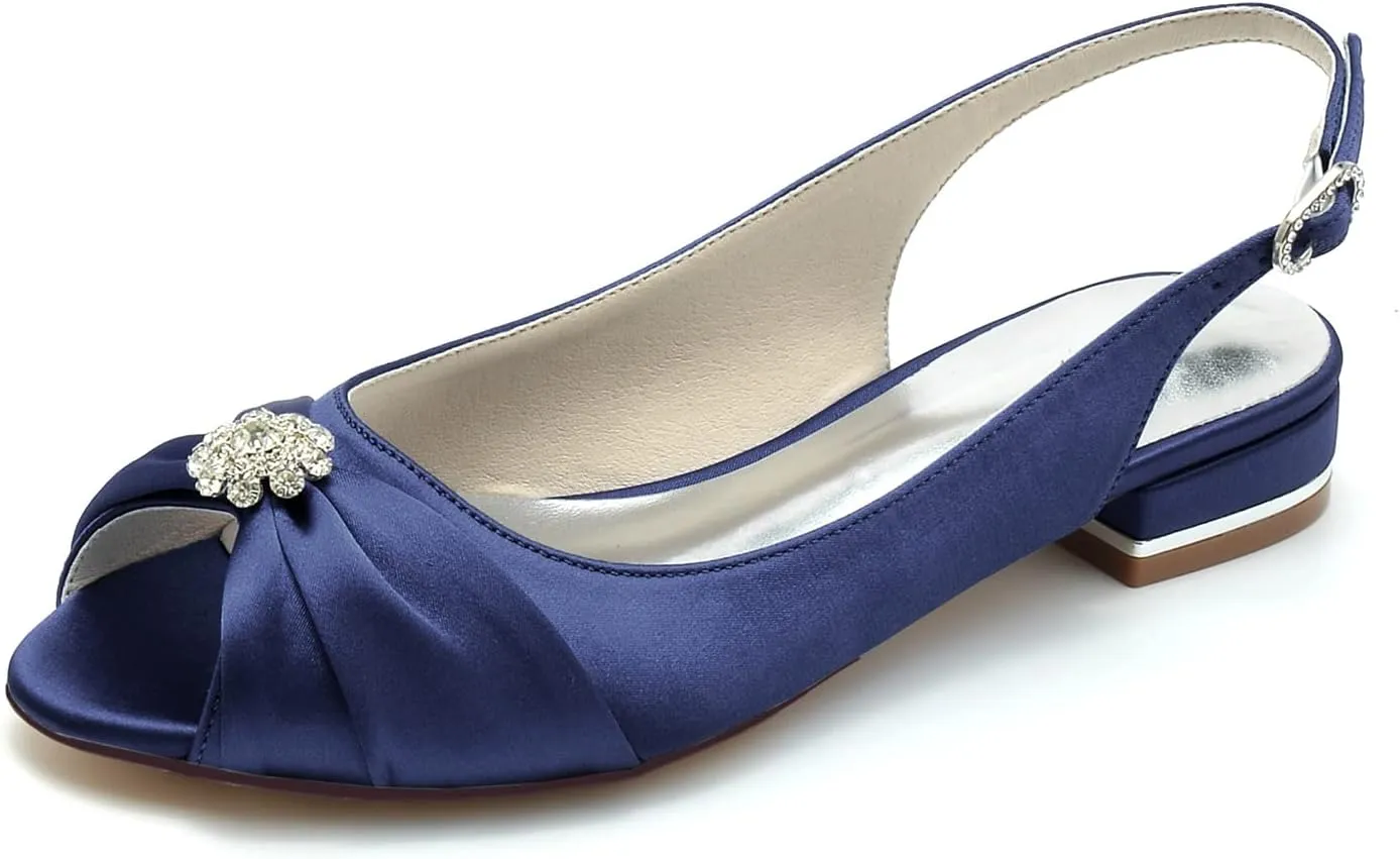 Women's Peep Toe Saitn Wedding Shoes for Bride Flats Comfortable Rhinestones Bridal Flats Evening Prom Party Dress Shoes Pumps