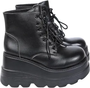 Womens Platform Boots Halloween Goth Punk Ankle Booties Lace-up Black Motorcycle Combat Boot