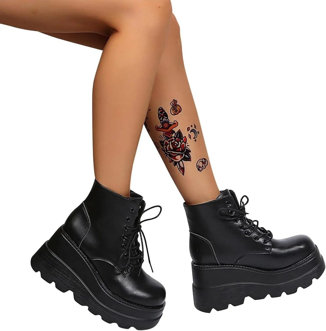 Womens Platform Boots Halloween Goth Punk Ankle Booties Lace-up Black Motorcycle Combat Boot