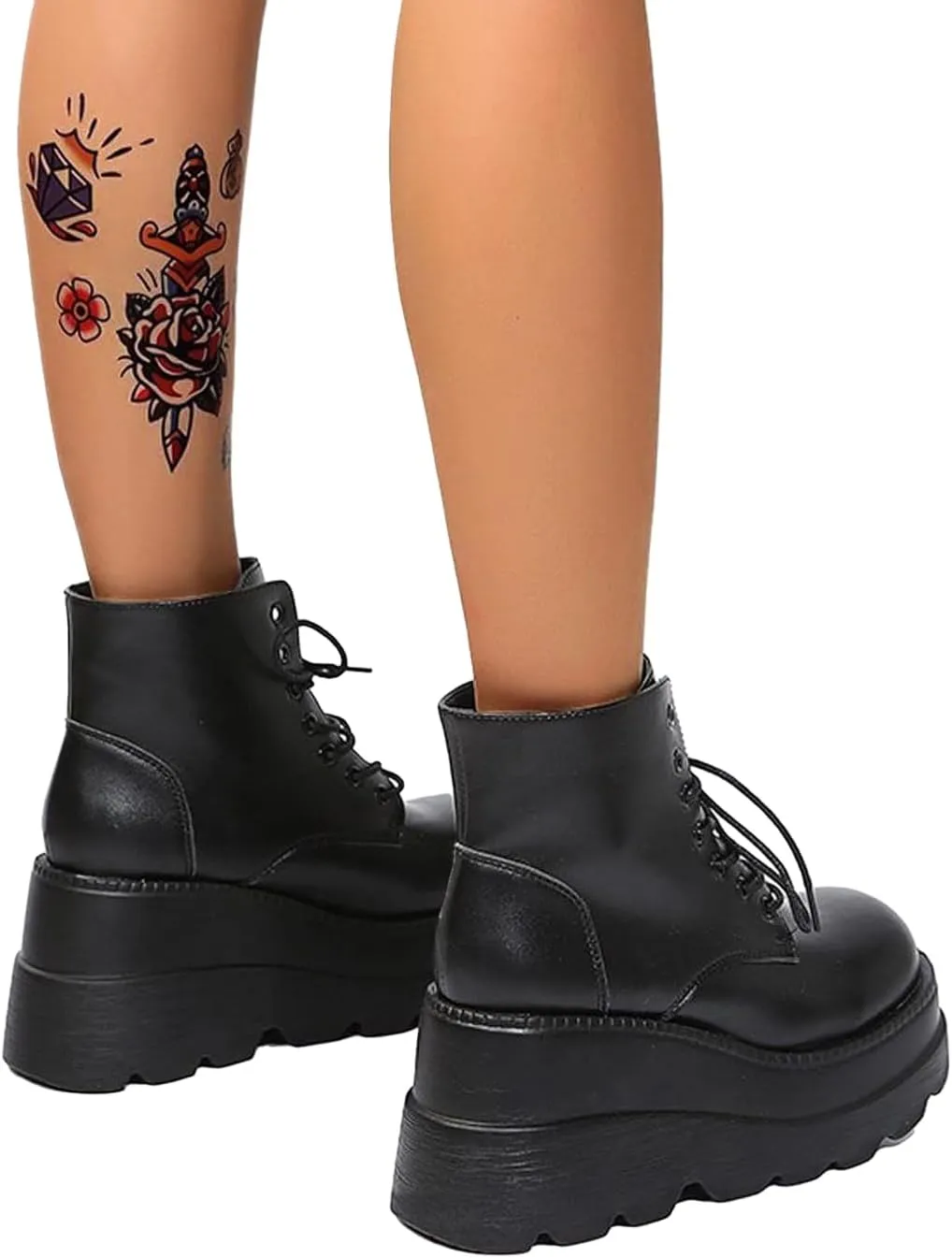 Womens Platform Boots Halloween Goth Punk Ankle Booties Lace-up Black Motorcycle Combat Boot