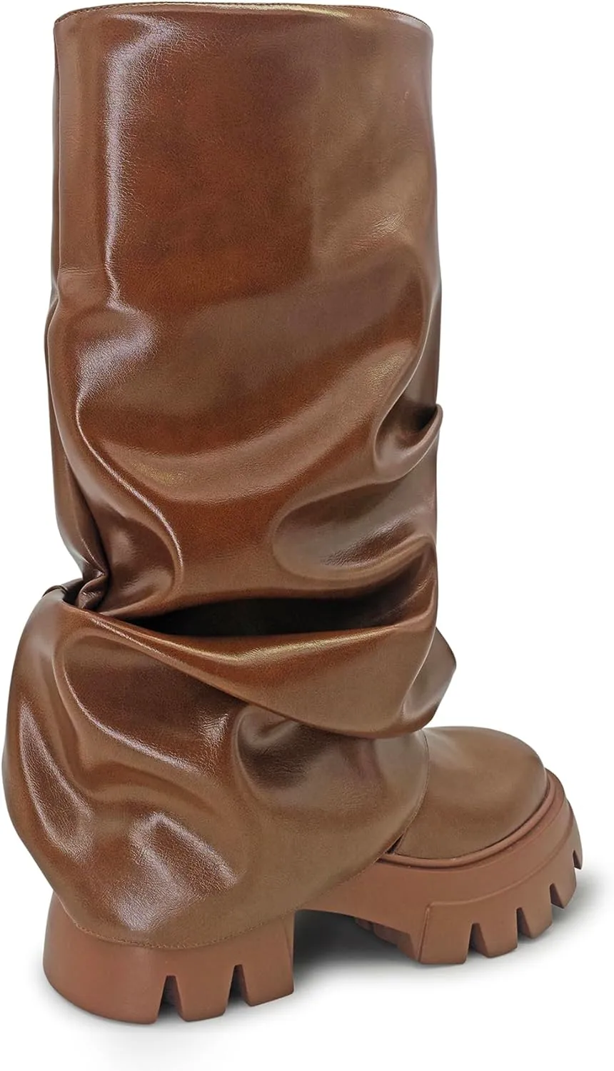 Women's Platform fold over Round Toe Chunky Heel wide calf Boots Fashion Pull-On Party Slouchy Shark Mid Calf Shoes