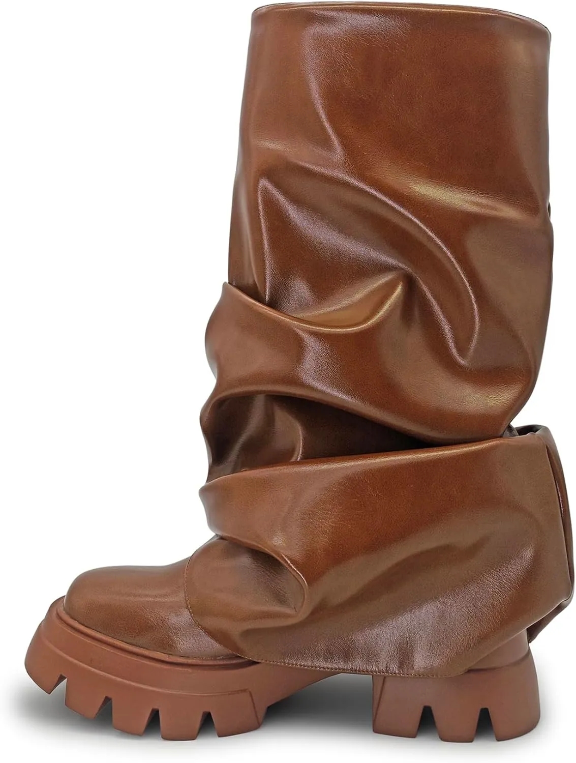 Women's Platform fold over Round Toe Chunky Heel wide calf Boots Fashion Pull-On Party Slouchy Shark Mid Calf Shoes