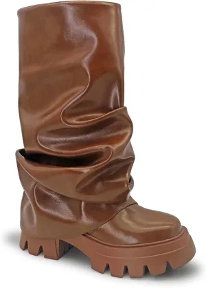 Women's Platform fold over Round Toe Chunky Heel wide calf Boots Fashion Pull-On Party Slouchy Shark Mid Calf Shoes