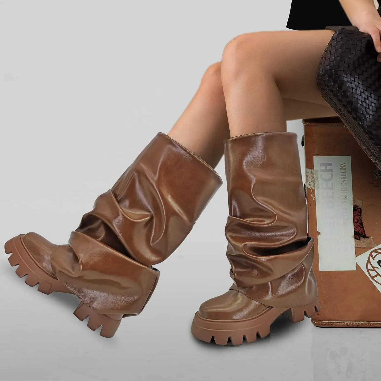 Women's Platform fold over Round Toe Chunky Heel wide calf Boots Fashion Pull-On Party Slouchy Shark Mid Calf Shoes