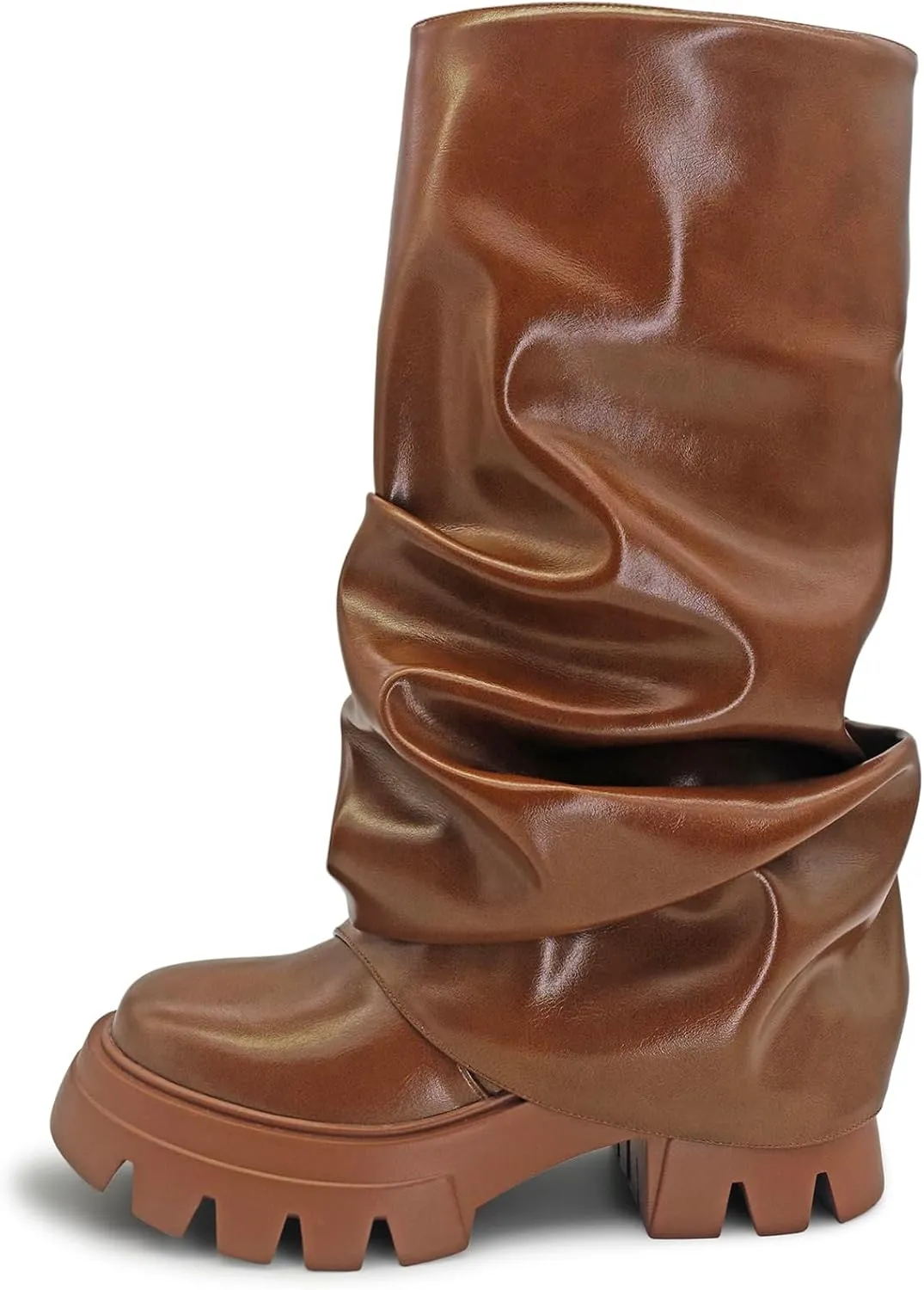 Women's Platform fold over Round Toe Chunky Heel wide calf Boots Fashion Pull-On Party Slouchy Shark Mid Calf Shoes