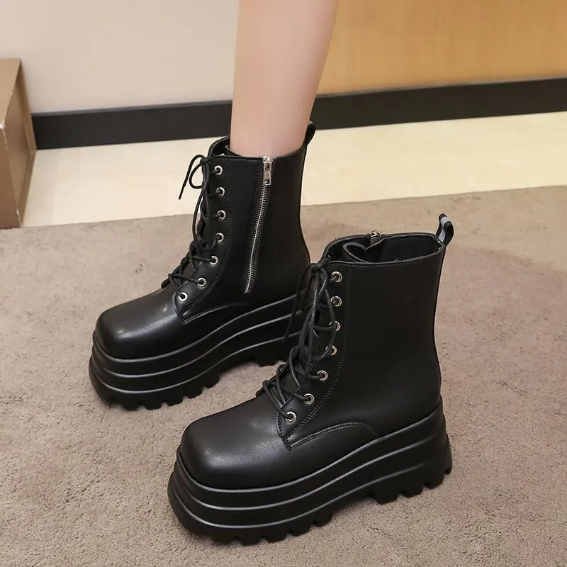 Women's Platform Goth Boots, Gothic Lace Up Combat Boots, Punk Side Zipper Rave Short Ankle Boots