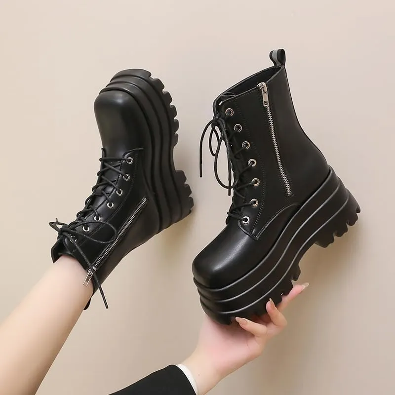 Women's Platform Goth Boots, Gothic Lace Up Combat Boots, Punk Side Zipper Rave Short Ankle Boots