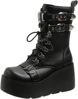 Women's Platform Goth Boots, Gothic Lace Up Combat Boots, Punk Side Zipper Rave Short Ankle Boots