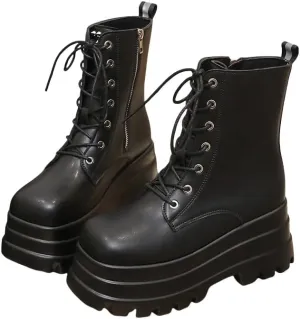 Women's Platform Goth Boots, Gothic Lace Up Combat Boots, Punk Side Zipper Rave Short Ankle Boots