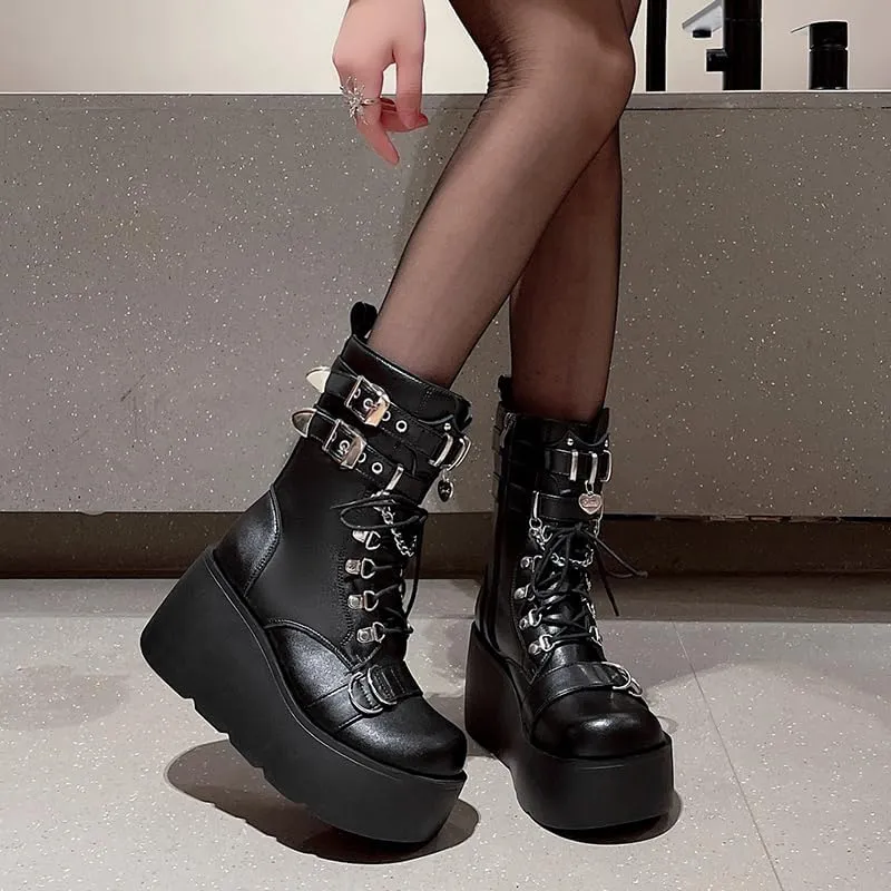 Women's Platform Goth Boots, Gothic Lace Up Combat Boots, Punk Side Zipper Rave Short Ankle Boots