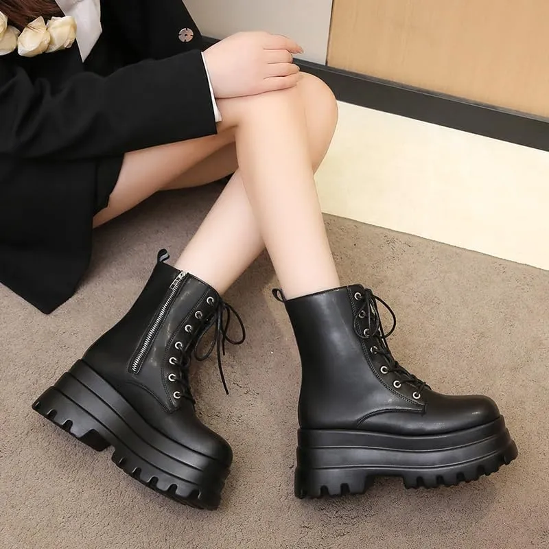 Women's Platform Goth Boots, Gothic Lace Up Combat Boots, Punk Side Zipper Rave Short Ankle Boots