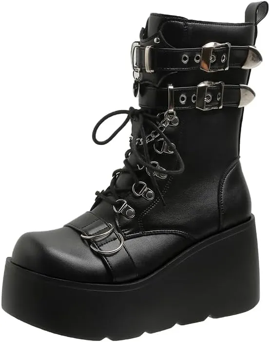 Women's Platform Goth Boots, Gothic Lace Up Combat Boots, Punk Side Zipper Rave Short Ankle Boots