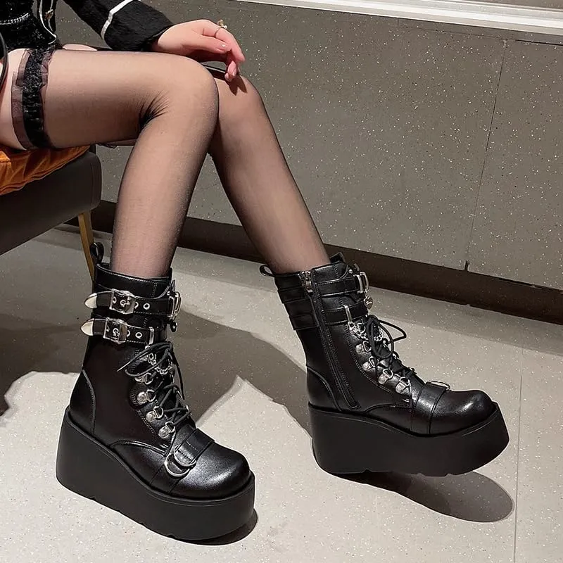 Women's Platform Goth Boots, Gothic Lace Up Combat Boots, Punk Side Zipper Rave Short Ankle Boots