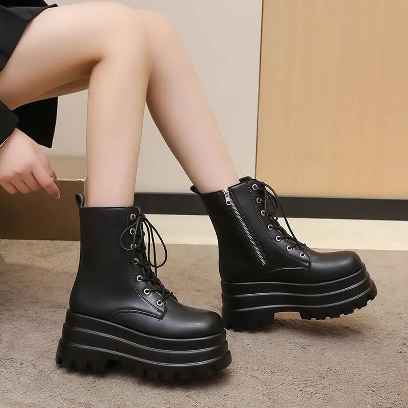 Women's Platform Goth Boots, Gothic Lace Up Combat Boots, Punk Side Zipper Rave Short Ankle Boots