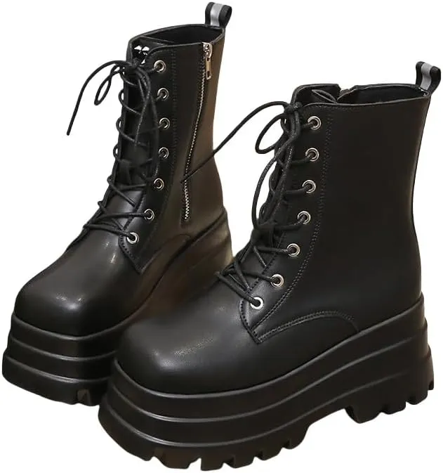 Women's Platform Goth Boots, Gothic Lace Up Combat Boots, Punk Side Zipper Rave Short Ankle Boots