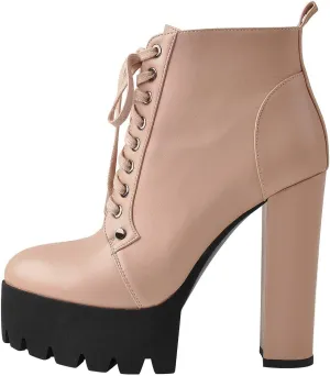 Women's Platform High Chunky Heel Leather Shoes Lace Up Side zipper Ankle Boots Fashion Autumn Winter Shoes